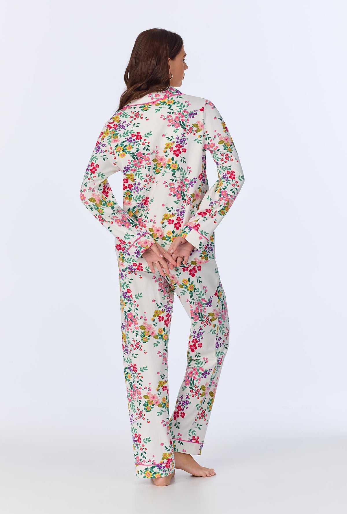 A lady wearing Full Bloom Long Sleeve Classic Stretch Jersey PJ set