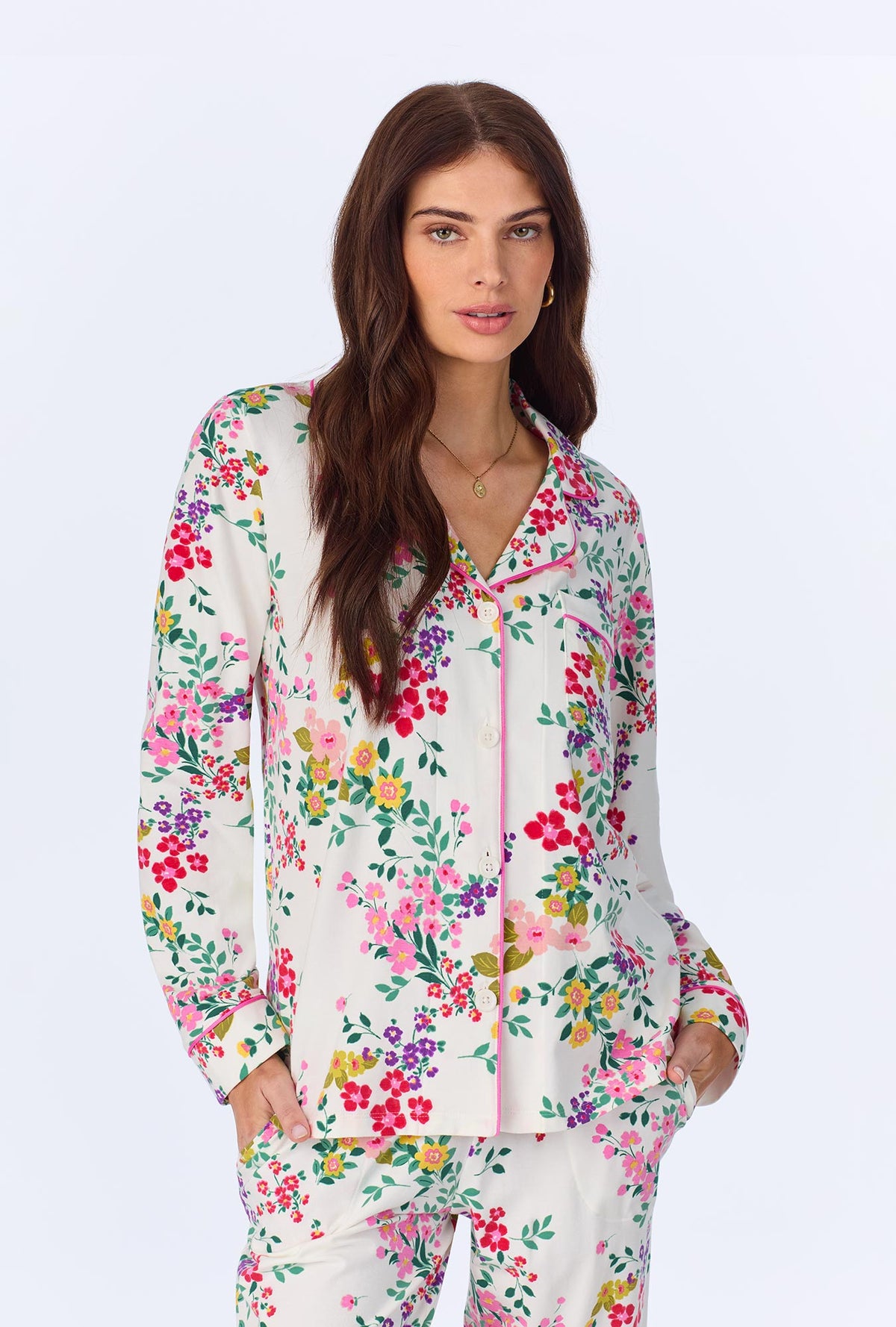 A lady wearing Full Bloom Long Sleeve Classic Stretch Jersey PJ set