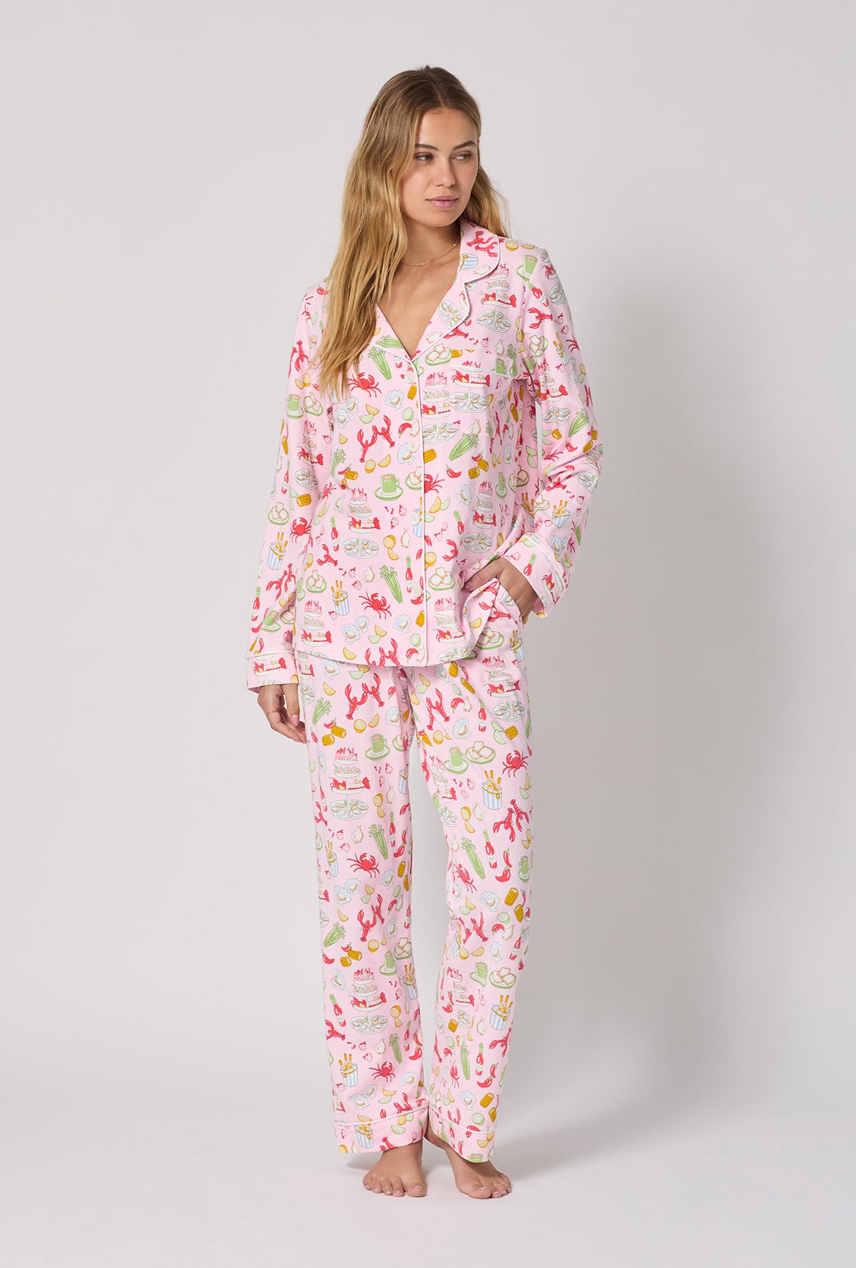 A lady wearing French Quarter Long Sleeve Classic Stretch Jersey Pj Set