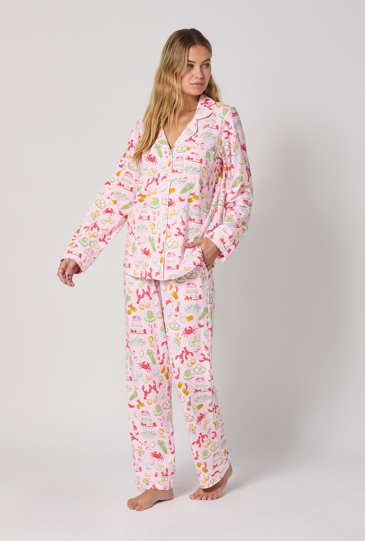 A lady wearing French Quarter Long Sleeve Classic Stretch Jersey Pj Set