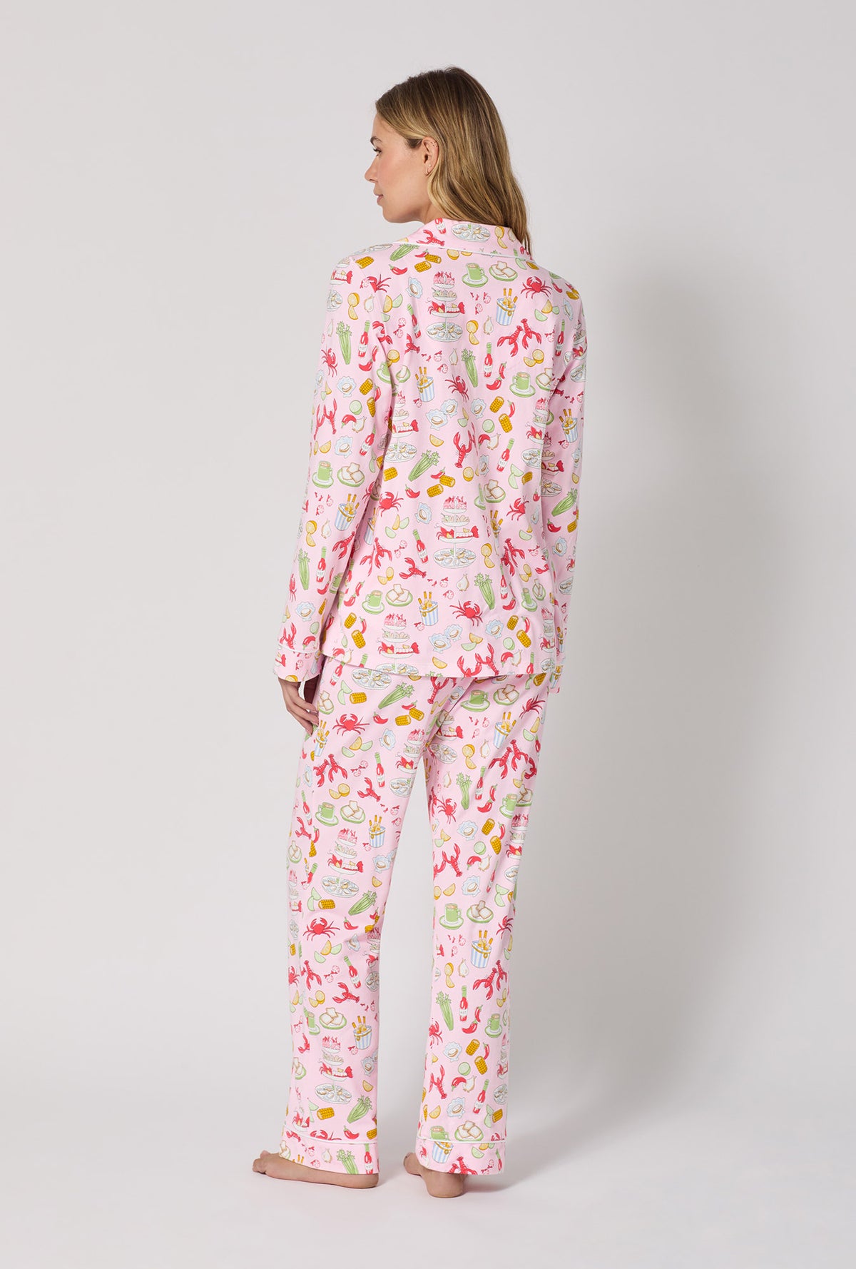 A lady wearing French Quarter Long Sleeve Classic Stretch Jersey Pj Set