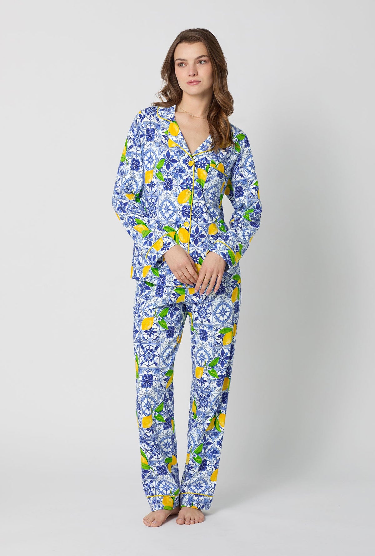 A lady wearing Blue and  White Long Sleeve Classic Stretch Jersey Pj Set front view