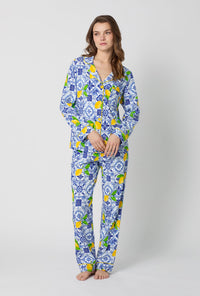 A lady wearing Blue and  White Long Sleeve Classic Stretch Jersey Pj Set front view