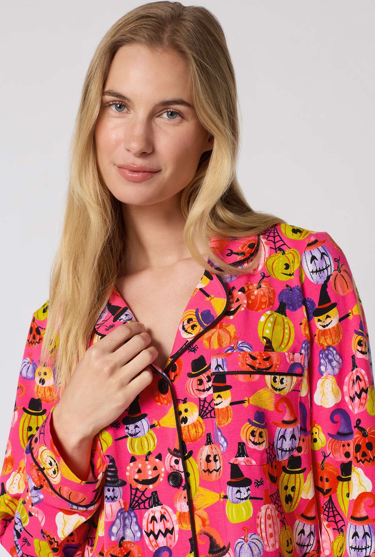 A Lady Wearing Pumpkin Patch Party Long Sleeve Classic Stretch Jersey Pj Set in a close up view pose