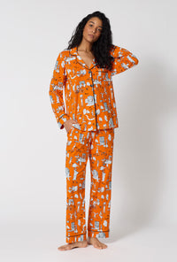 A Lady Wearing Orange Spooky In The City Long Sleeve Classic Stretch Jersey Pj Set