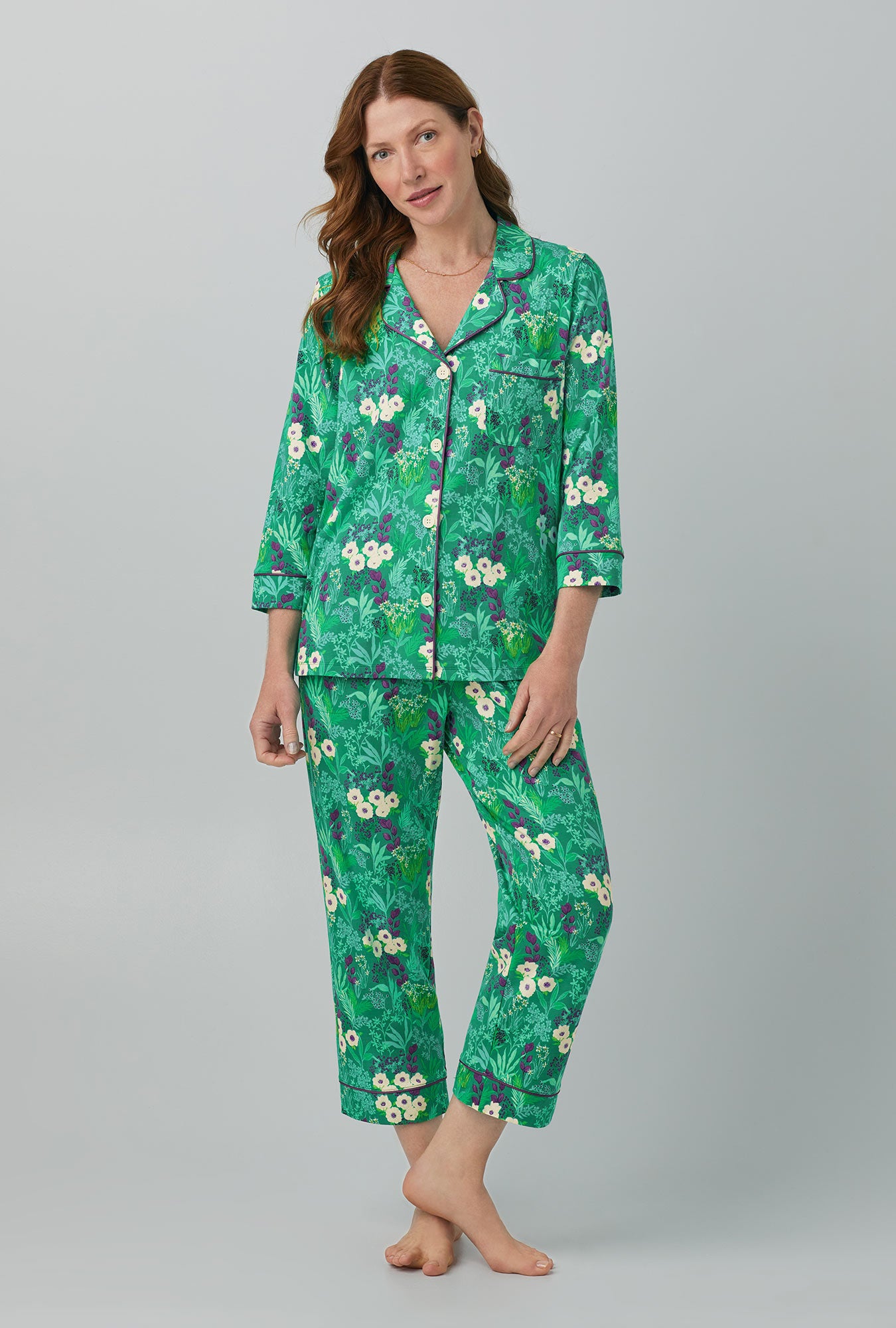A lady wearing green  3/4 Sleeve Classic Stretch Jersey Cropped PJ Set with Wintergreens  print