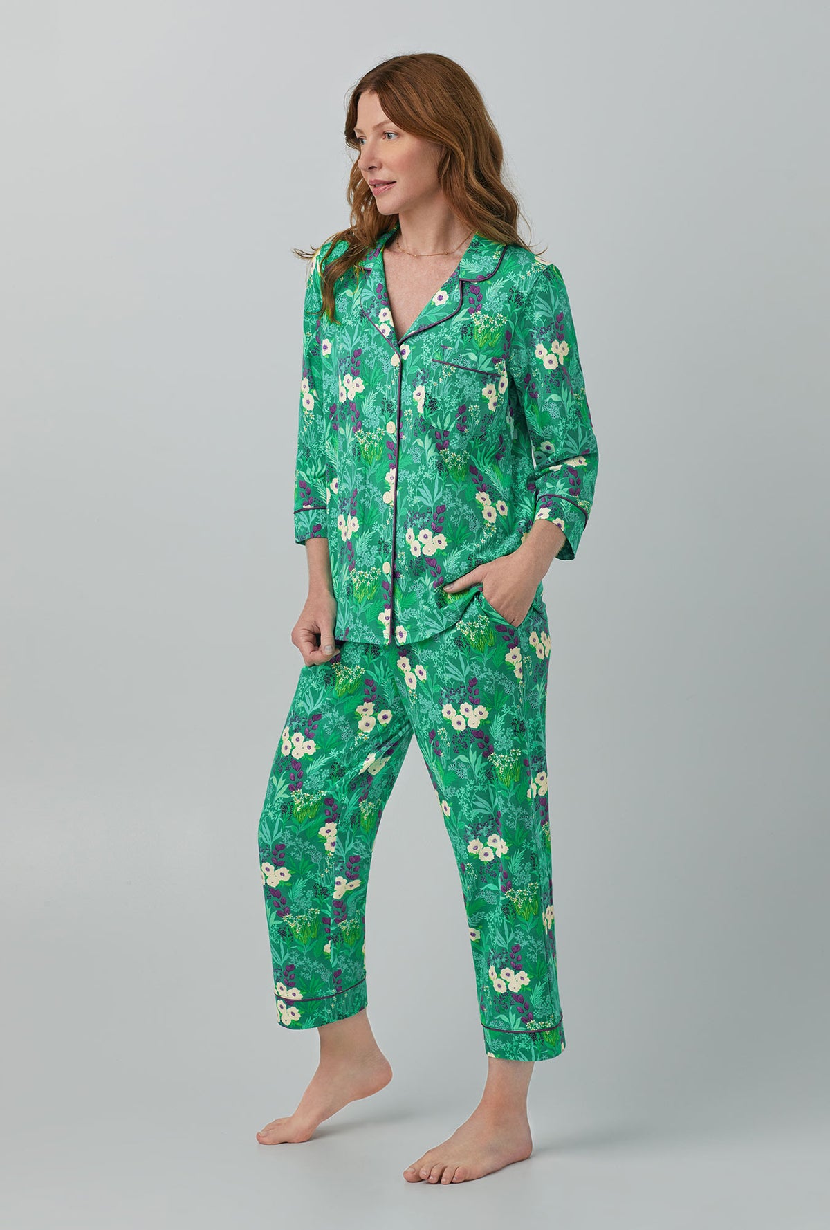 A lady wearing green  3/4 Sleeve Classic Stretch Jersey Cropped PJ Set with Wintergreens  print