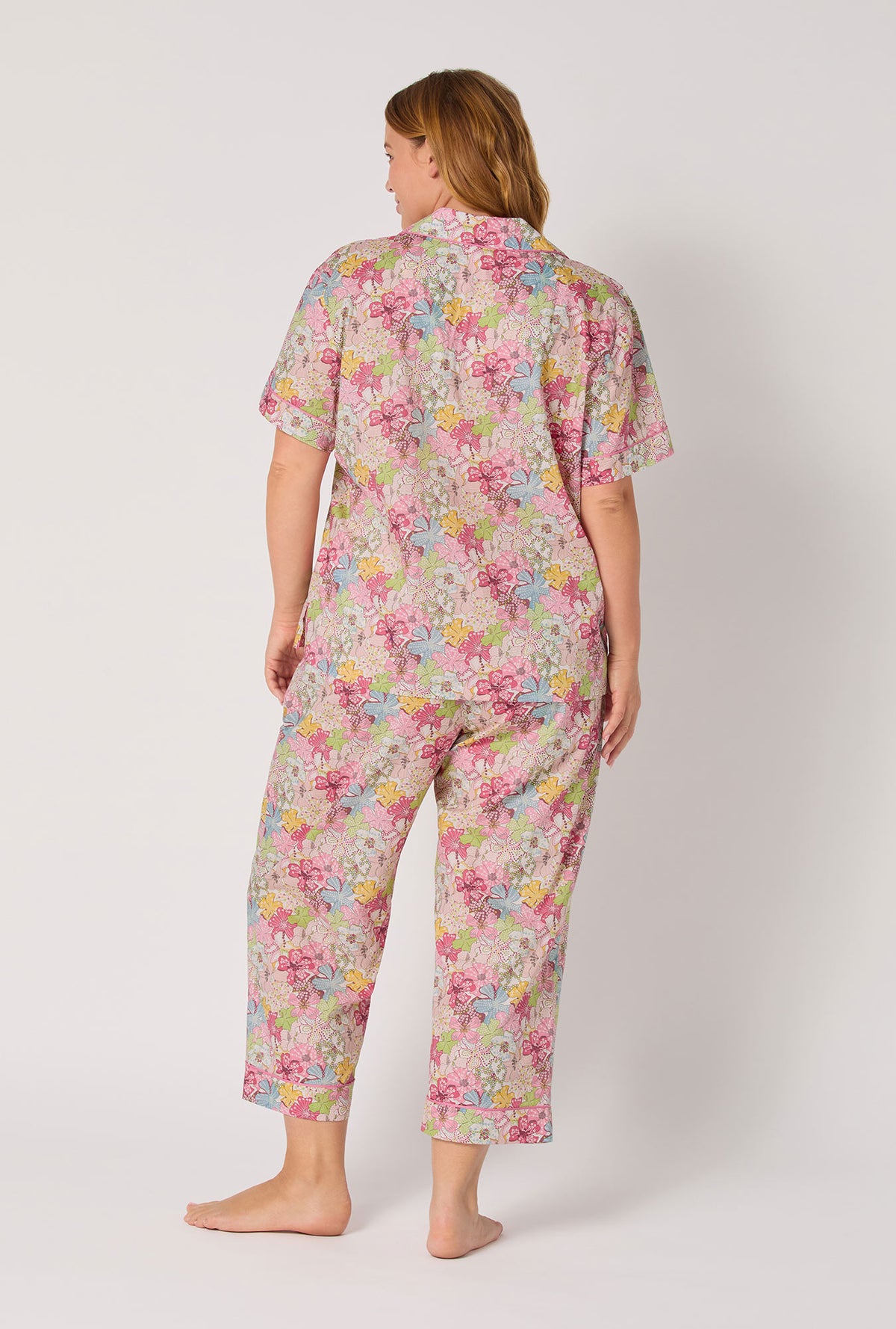 A Lady wearing Mauvey Short Sleeve Classic Woven Tana Lawn® Cropped Pj Set Made With Liberty Fabric