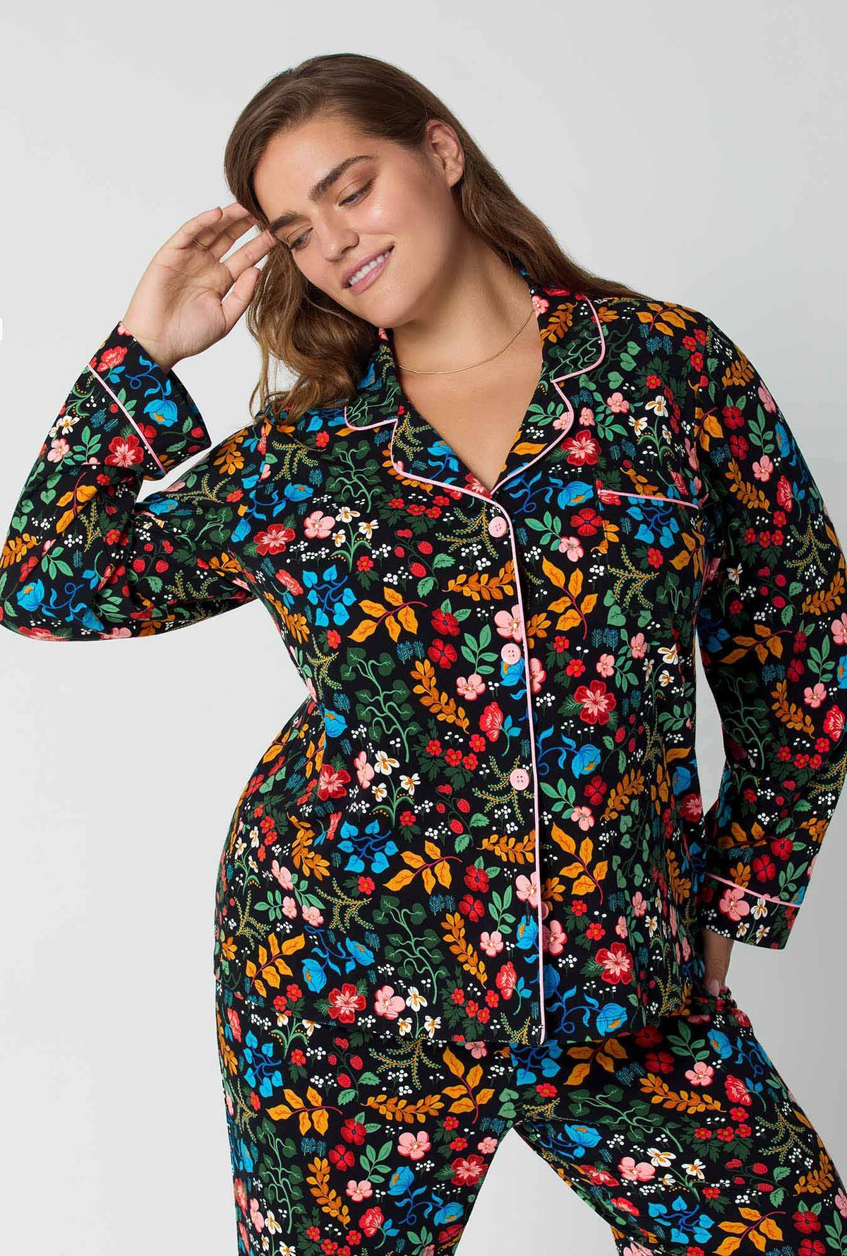 A lady wearing Winter Blooms Long Sleeve Classic Stretch Jersey Pj Set