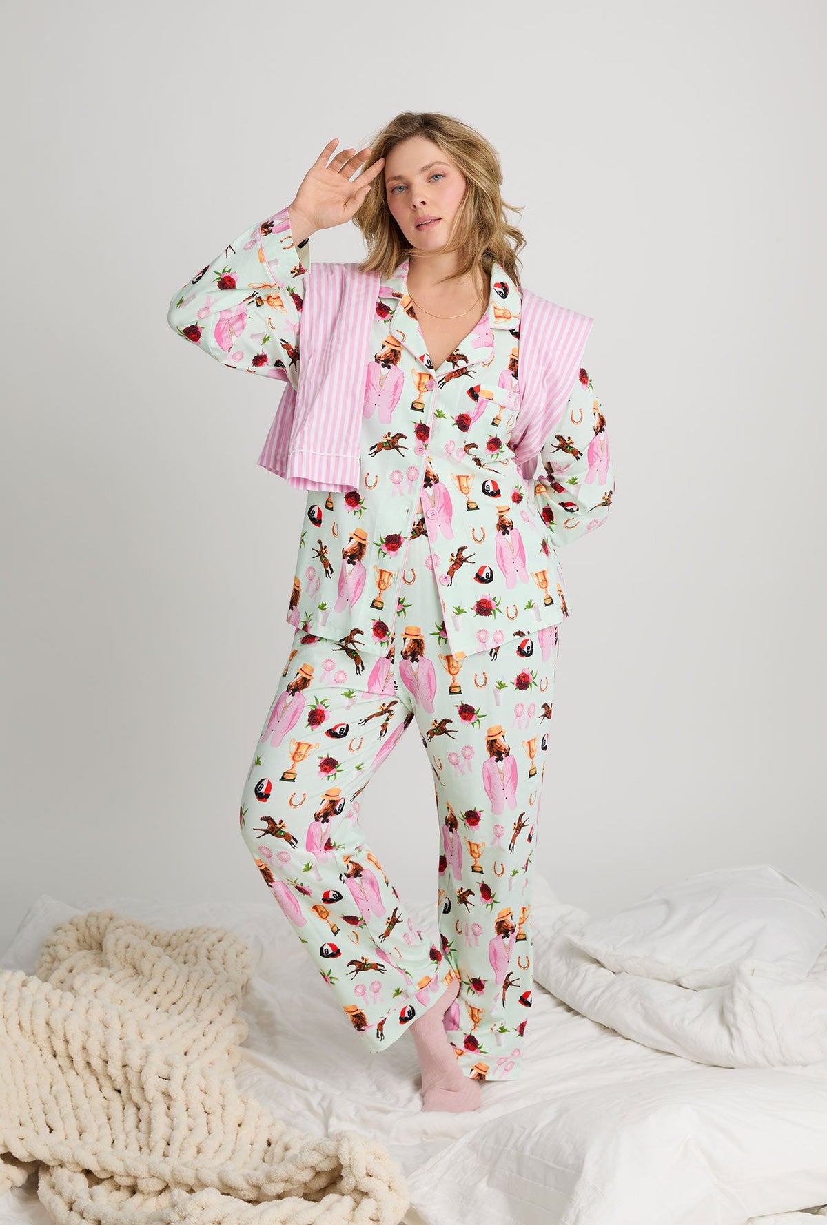 A lady one hand in back wearing Green Long Sleeve Classic Stretch Jersey plus size Pj Set front view