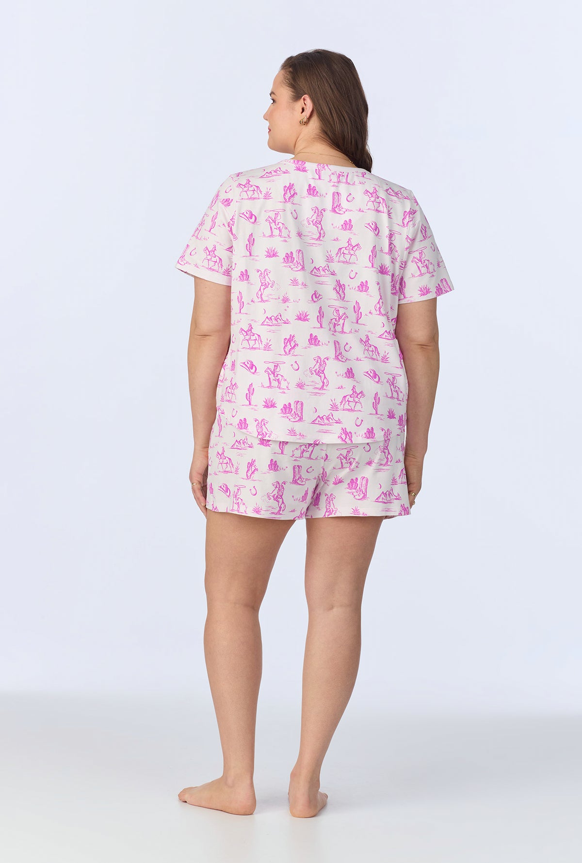 A lady wearing Cowgirl Toile  T-Shirt Stretch Jersey Shorty PJ Set