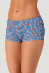 A lady wearing Game On Bue Stretch Jersey Boyshort Underwear