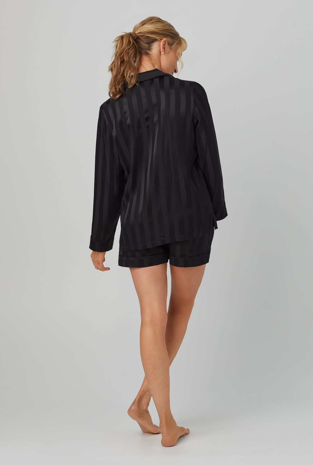 A lady wearing black  Long Sleeve Classic Washable Silk Satin Short PJ Set with Onyx print