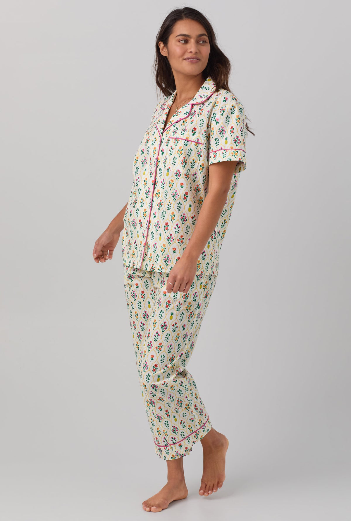 A lady wearing Short Sleeve Classic Woven Cotton Poplin Cropped PJ Set with darling floral print