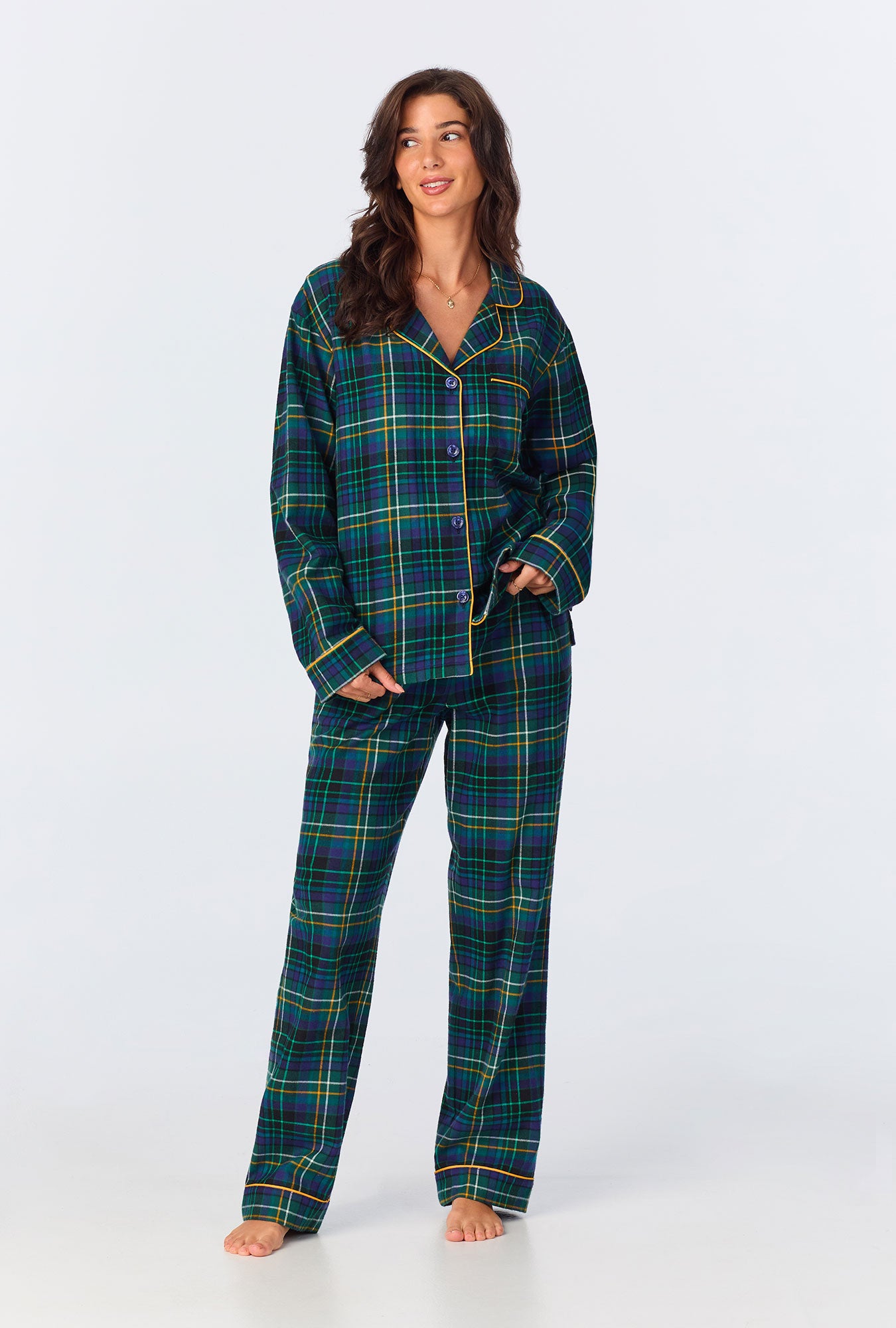 A lady wearing Celebration Plaid Long Sleeve Classic Woven Portuguese Flannel PJ Set