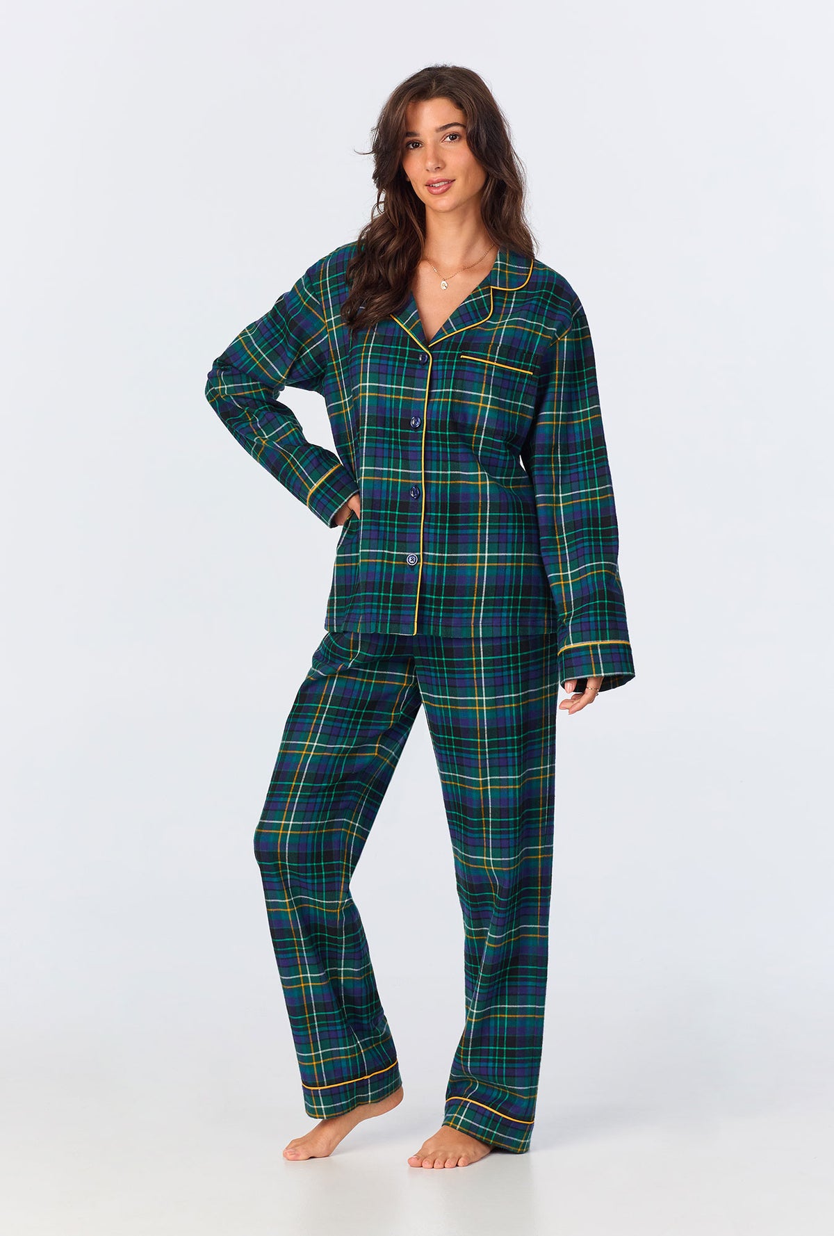 A lady wearing Celebration Plaid Long Sleeve Classic Woven Portuguese Flannel PJ Set