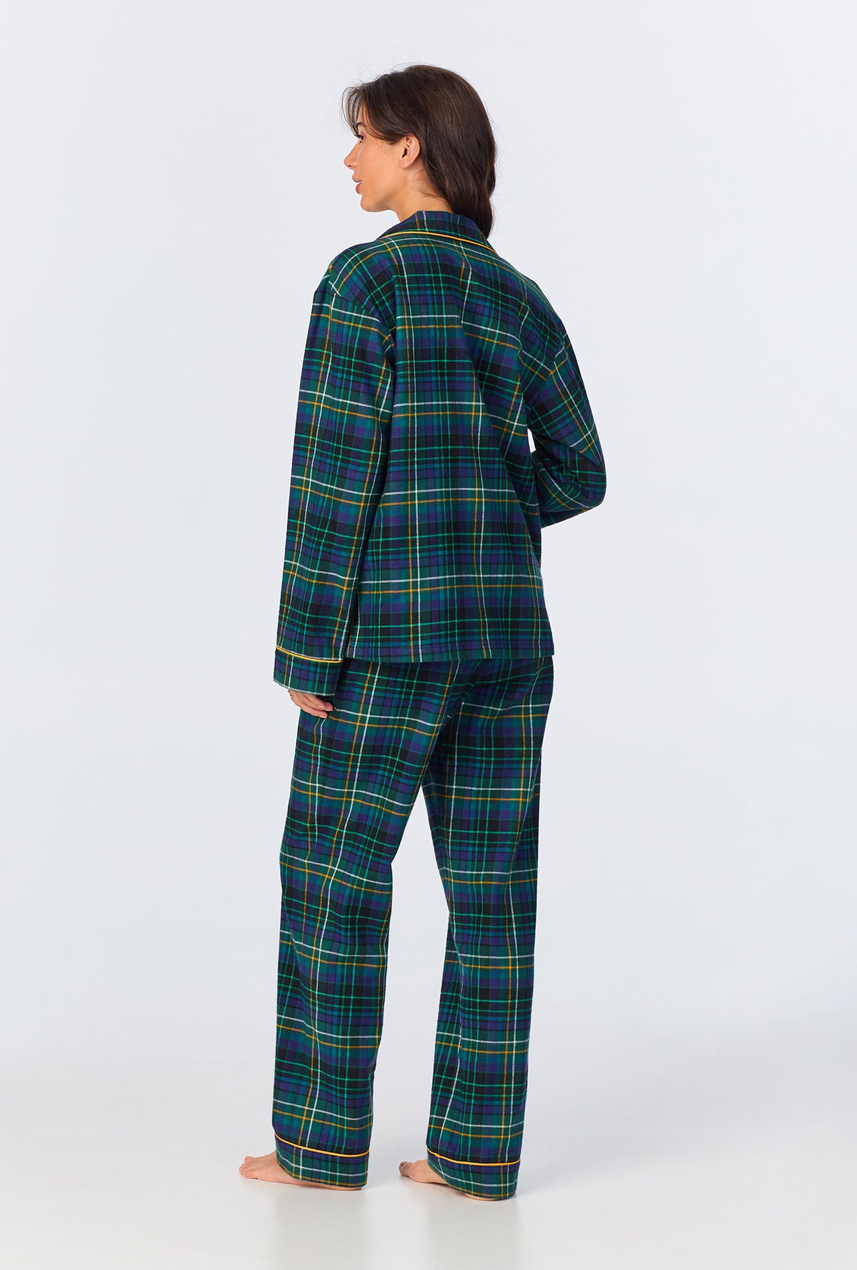 A lady wearing Celebration Plaid Long Sleeve Classic Woven Portuguese Flannel PJ Set