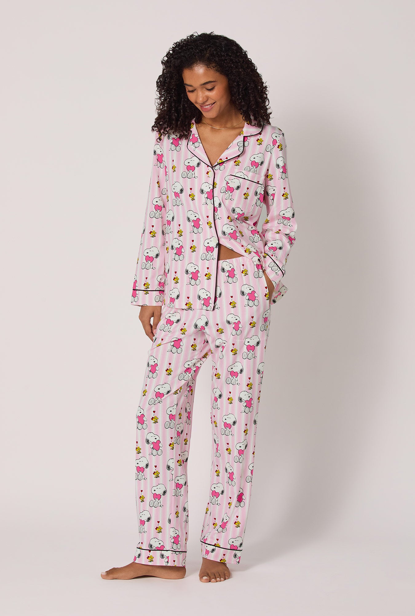 A lady wearing Snoopy's Valentine Long Sleeve Classic Stretch Jersey Pj Set