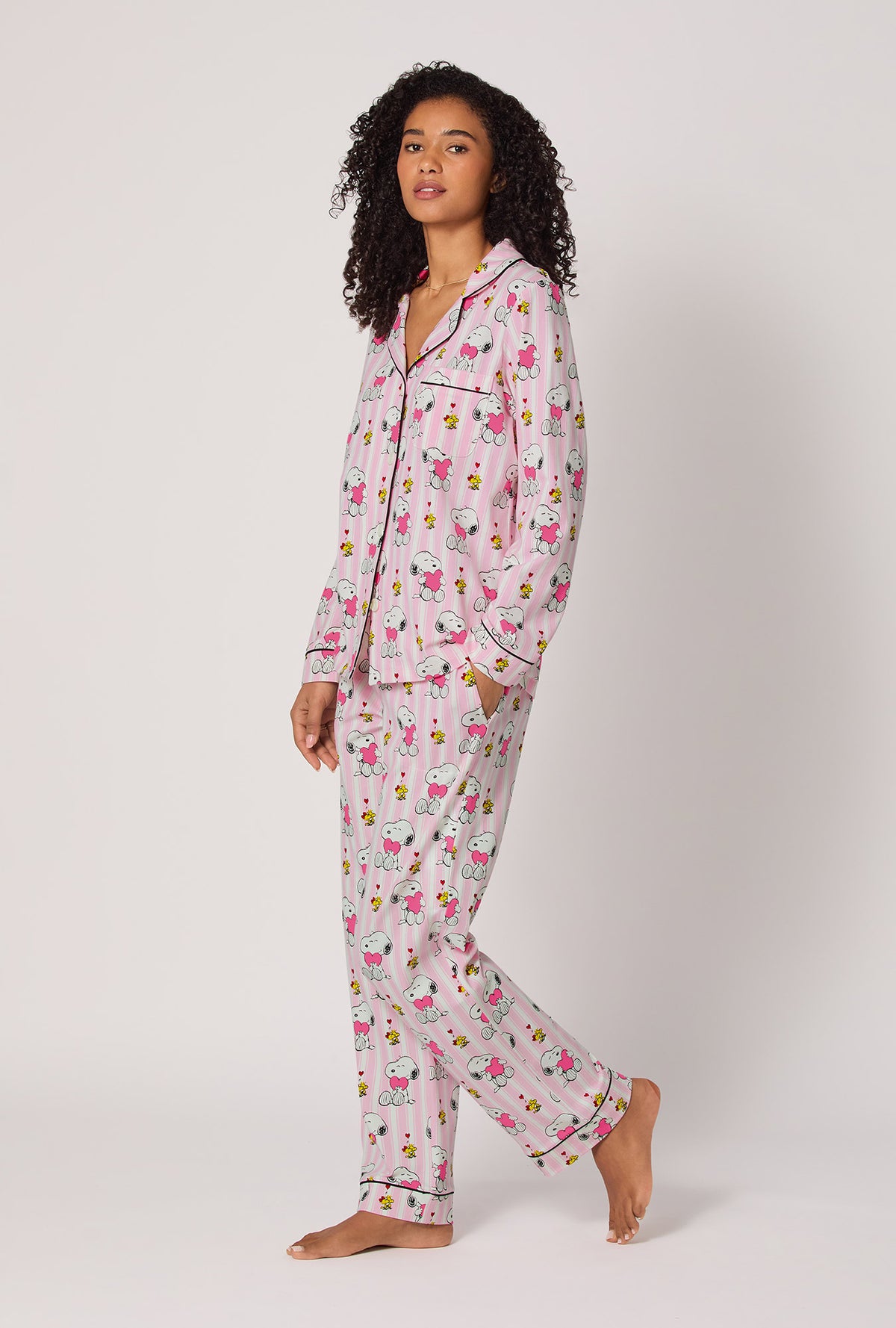A lady wearing Snoopy's Valentine Long Sleeve Classic Stretch Jersey Pj Set