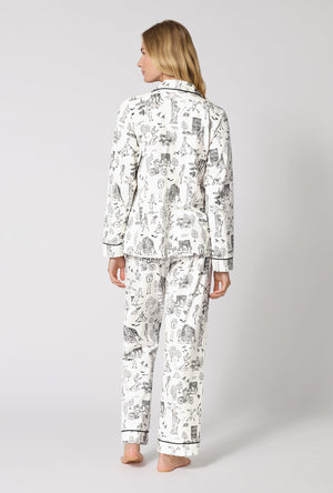 A Lady Wearing White Spooky In The City Long Sleeve Classic Stretch Jersey Pj Set in a back view pose