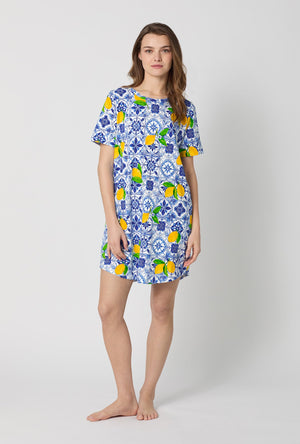 A closeup of A lady wearing Blue and  White Stretch Jersey T-Shirt Sleep Dress