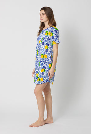A lady wearing Blue and  White Stretch Jersey T-Shirt Sleep Dress side view