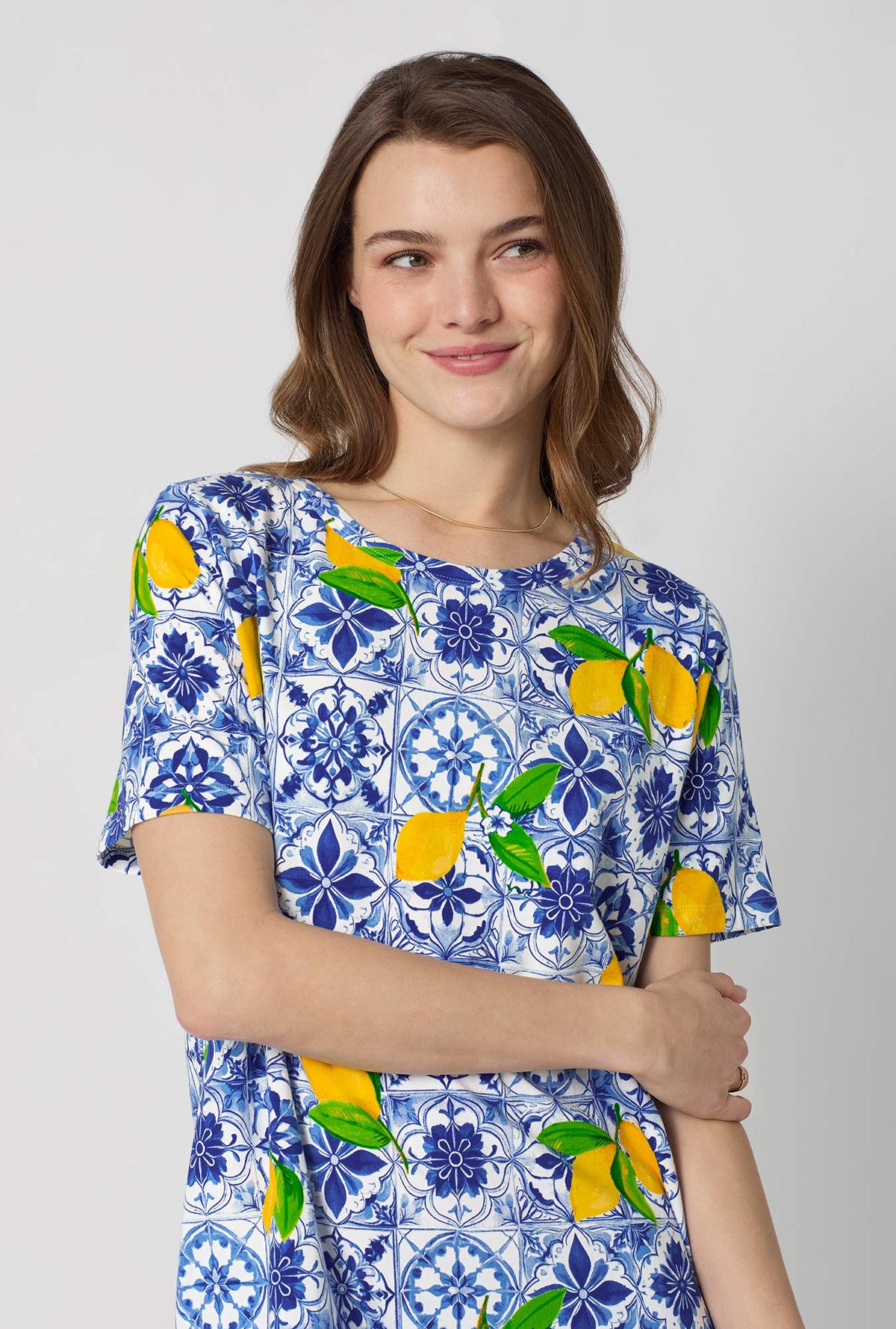 A closeup of A lady wearing Blue and  White Stretch Jersey T-Shirt Sleep Dress