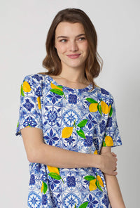 A closeup of A lady wearing Blue and  White Stretch Jersey T-Shirt Sleep Dress