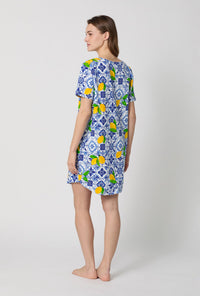 A lady wearing Blue and  White Stretch Jersey T-Shirt Sleep Dress back view