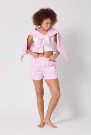 A lady wearing Pink 3D Stripe Cotton Sateen Boxer Short