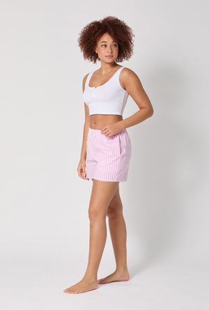 A lady wearing Pink 3D Stripe Cotton Sateen Boxer Short