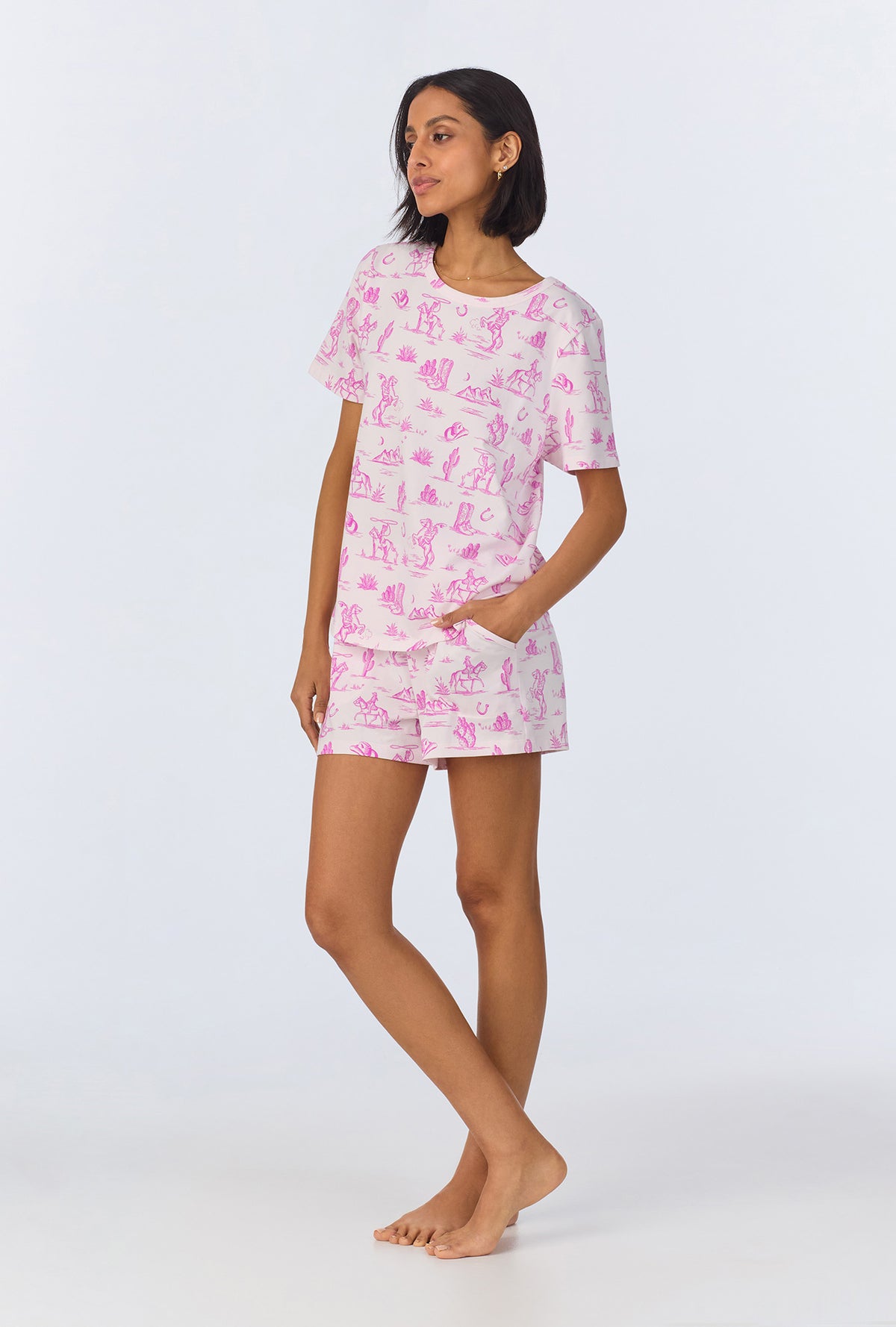 A lady wearing Cowgirl Toile  T-Shirt Stretch Jersey Shorty PJ Set