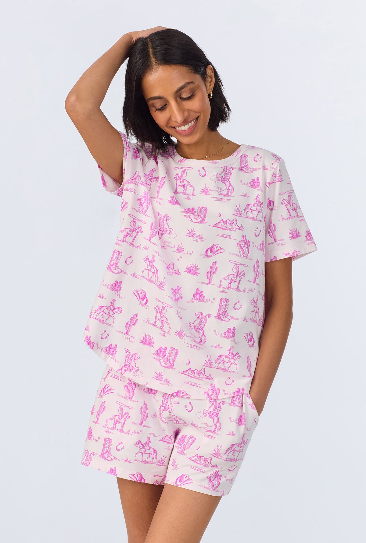 A lady wearing Cowgirl Toile  T-Shirt Stretch Jersey Shorty PJ Set