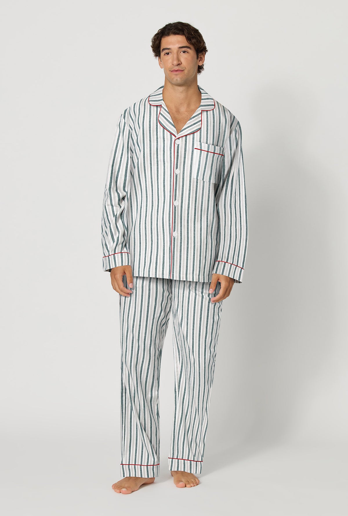 A man wearing Peppermint Stripe Men's Long Sleeve Classic Woven Portuguese Flannel Pj Set looking front