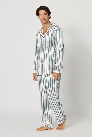 A man wearing Peppermint Stripe Men's Long Sleeve Classic Woven Portuguese Flannel Pj Set