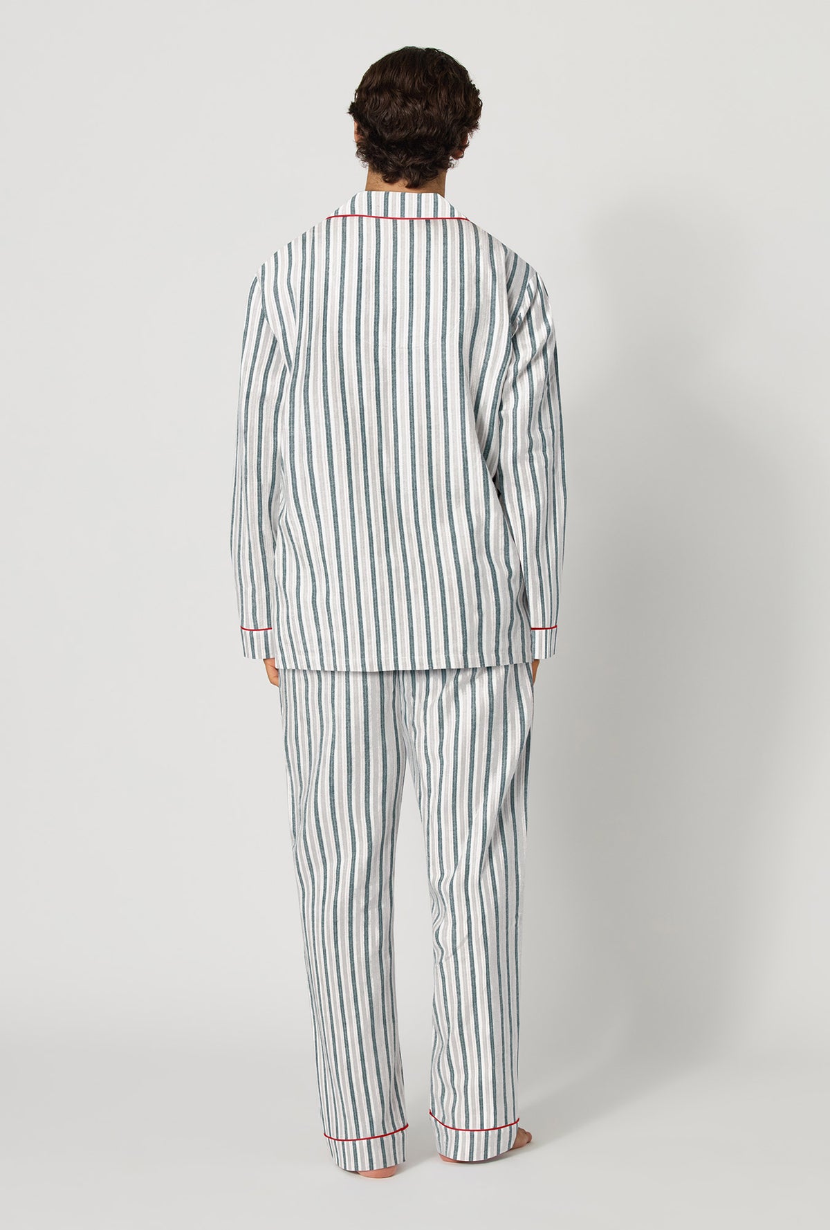 A man wearing Peppermint Stripe Men's Long Sleeve Classic Woven Portuguese Flannel Pj Set back view