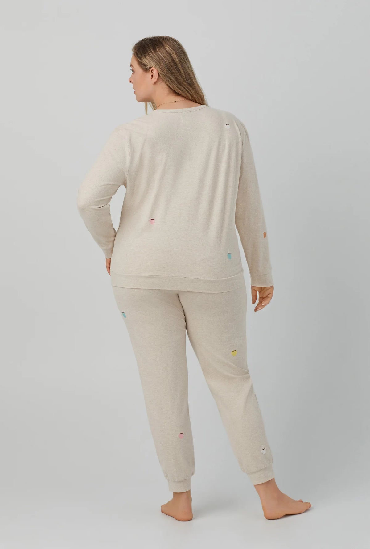 Latte Heather Long Sleeve Pullover Crew and Jogger Stretch Jersey PJ Set