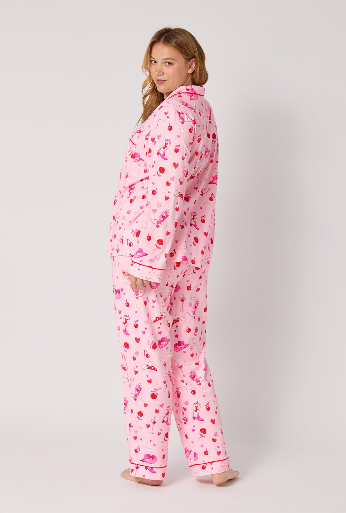 A lady wearing Giddy Up Galentine Long Sleeve Classic Stretch Jersey Pj Set