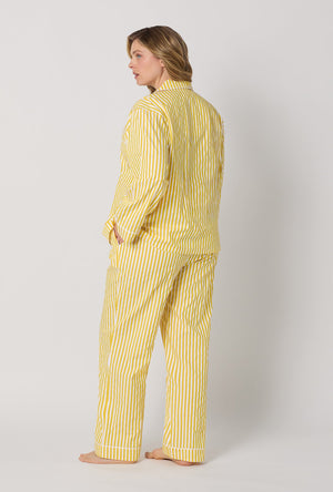 A lady wearing plus size Yellow Long Sleeve Classic Woven Cotton Sateen Pj Set back view