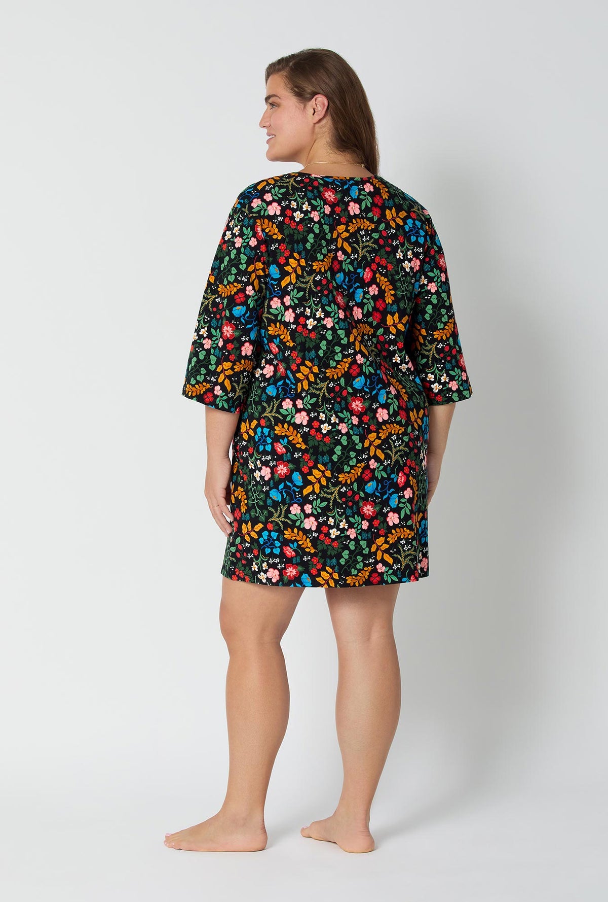 A lady wearing Winter Blooms Stretch Jersey Sleep Dress