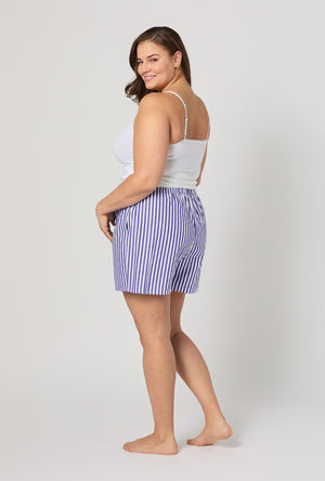 A lady wearing plus size Navy 3D Stripe Cotton Sateen Boxer Short
