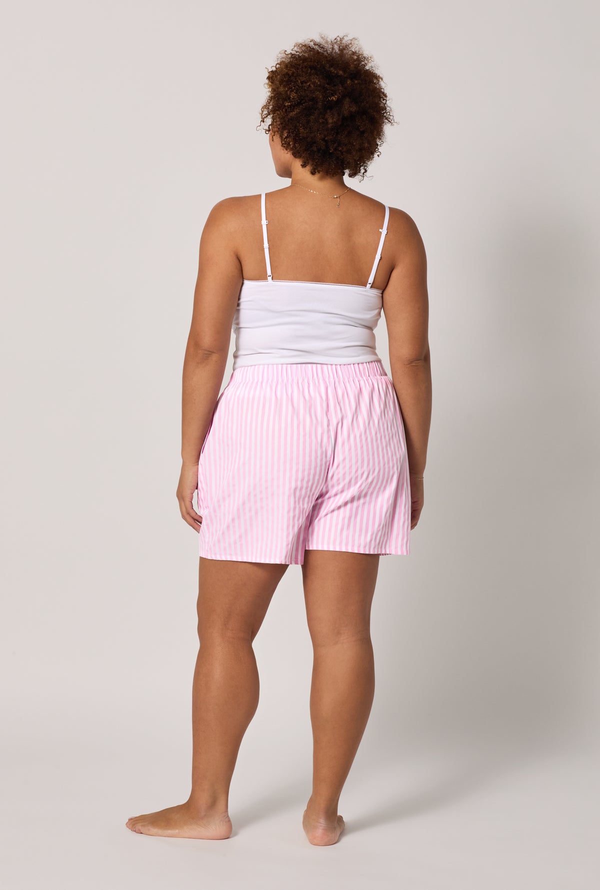 A lady wearing plus size Pink 3D Stripe Cotton Sateen Boxer Short