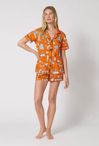 A Lady Wearing Orange Spooky In The City Short Sleeve Classic Shorty Stretch Jersey Pj Set