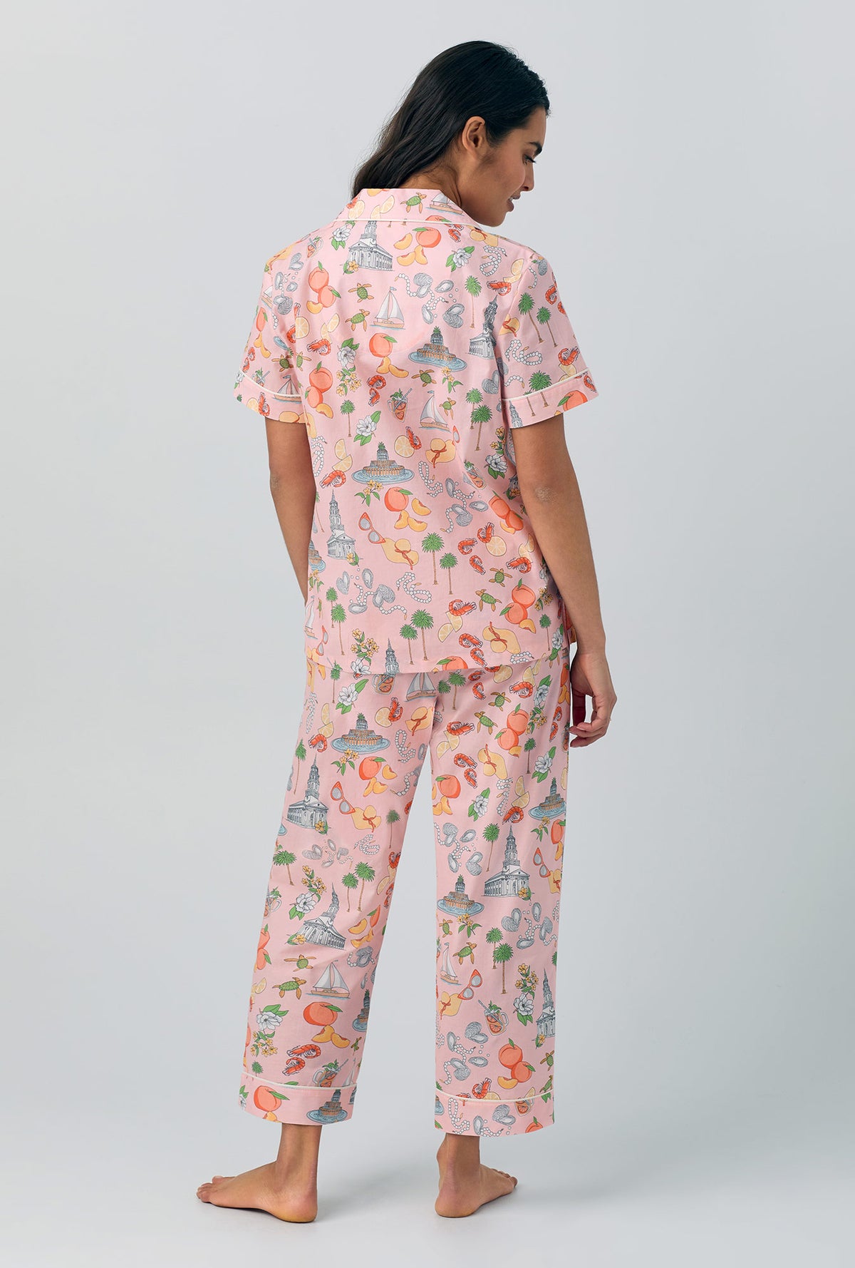 A lady wearing Short Sleeve Classic Woven Cotton Poplin Cropped PJ Set with charming charleston print