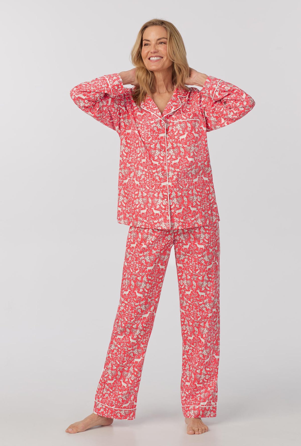 A lady wearing long Sleeve Classic Woven Cotton Poplin PJ Set with Darling Deer print