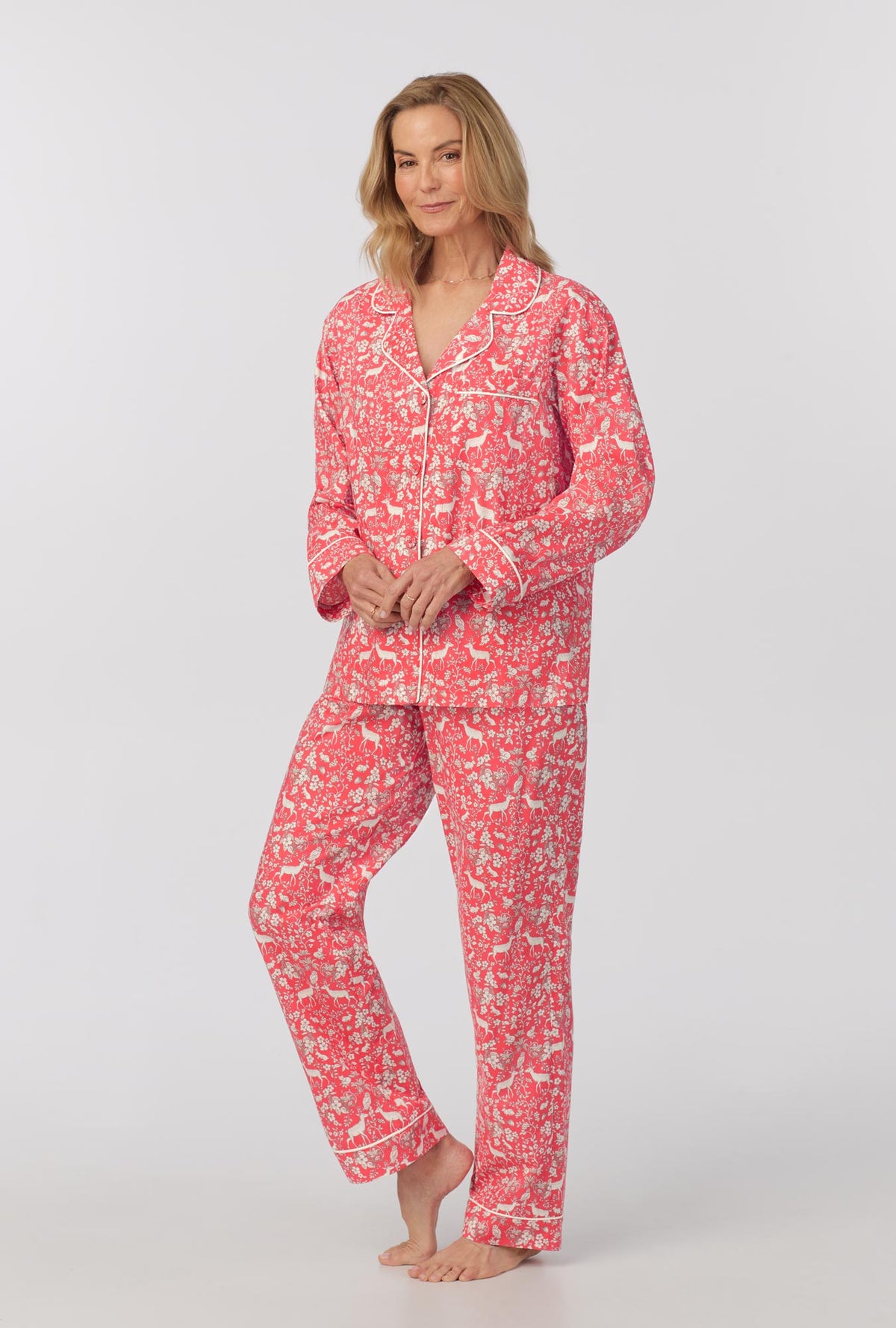 A lady wearing long Sleeve Classic Woven Cotton Poplin PJ Set with Darling Deer print