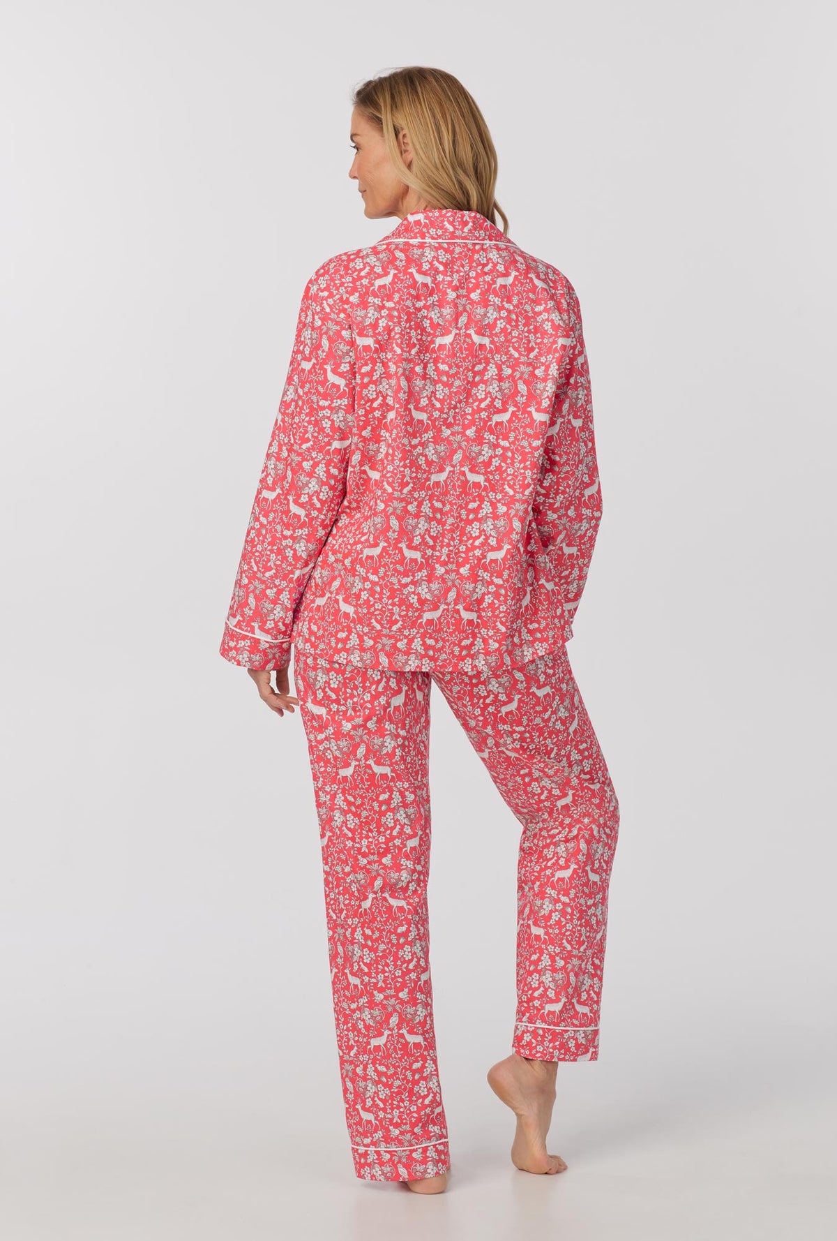 A lady wearing long Sleeve Classic Woven Cotton Poplin PJ Set with Darling Deer print