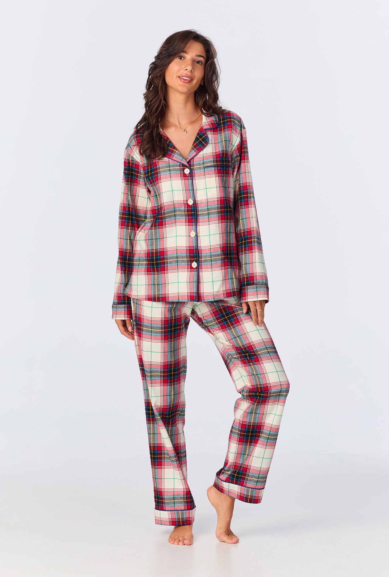 A lady wearing Winter Tartan Long Sleeve Classic Woven  Portuguese Flannel  PJ Set