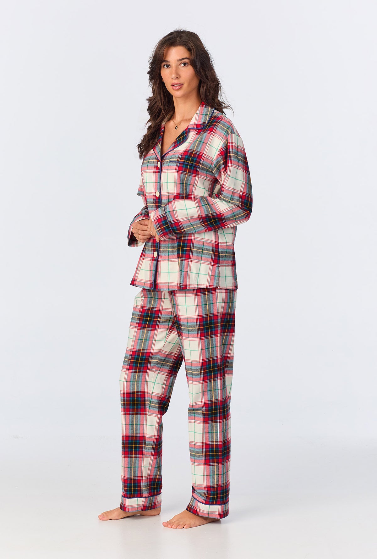 A lady wearing Winter Tartan Long Sleeve Classic Woven  Portuguese Flannel  PJ Set