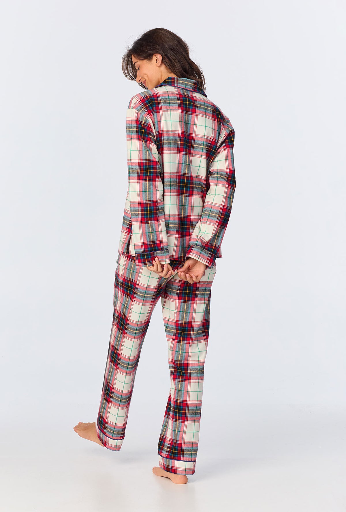 A lady wearing Winter Tartan Long Sleeve Classic Woven  Portuguese Flannel  PJ Set